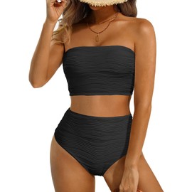 High Waisted Bandeau Bikini Set - Women Strapless Two Piece Swimsuits Ribbed Longline Full Coverage Bathing Suits Swimwear, Black, Medium