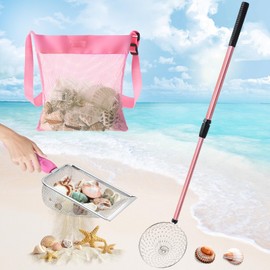 Liliful 3 Pcs Shelling Tools for Beach 28" Shark Tooth Sifter Long Handle Beach Sand Sifter Mesh Shovel with Seashell Bags Detachable Shell Scooper for Familys(Blue)