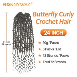 Butterfly Curly Crochet Hair 24 Inch 6 Packs Color Natural Black, Bohemian Butterfly Braids with Curly Ends Pre-looped Hair Extensions (6 Packs, 1B)