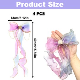 4PCS Colorful Ribbon Hair Bow Clips, Rainbow Bows with Pearls Tassels, Big Bowknot Hair Barrettes, Alligator Clips Hair Accessories for Daily Hairstyle Design Photo Prop Banquets for Women