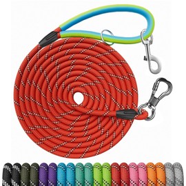 NTR 40FT Training Leash for Dogs, Nylon Rope With 2 Swivel Hooks and Soft Rubber Handle, Cat Puppy Lead for Small Medium Large Dogs Training, Playing, Camping, or Backyard-Red