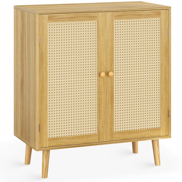 Huuger Buffet Cabinet with Storage, Storage Cabinet with PE Rattan Decor Doors, Accent Cabinet with Solid Wood Feet, Sideboard Cabinet for Hallway, Entry, Living Room, Natural
