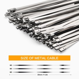 Metal Zip Ties 11.8 inch 100pcs 304 Stainless Steel Zip Ties Heavy Duty Multi Purpose Self Locking Cable Ties for Outdoor, Fence, Garden, Farm Automotive Applications Like Exhaust Packaging etc