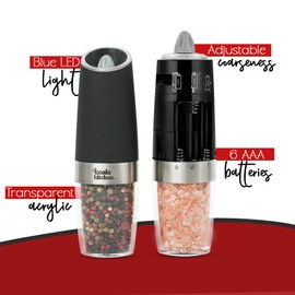 The Koala Kitchen Co. Gravity Electric Salt and Pepper Grinder Set - Stainless Steel Salt and Pepper Shakers Adjustable Coarseness - Blue Light Battery Operated Salt and Pepper Mills, 2 Pack (Black)