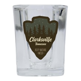 R and R Imports Clarksville Tennessee Camping Souvenir 2 Oz Shot Glass Square Base Arrowhead Design Single
