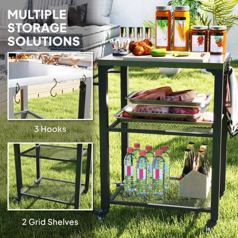 3-Shelf Outdoor Grill Cart with Stainless Steel Tabletop Movable Pizza