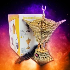 YASMEEN Gold Electric Incense Burner - Classic Middle Eastern Design with 3-Pillar Stand