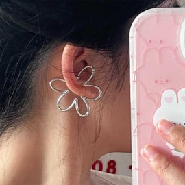 Allereya Vintage Exaggerated Flower Ear Cuff Earrings Hollow Flower Earrings Silver Large Flower Stud Earrings Flower Fake helix Earrings Jewelry for Women and Girls