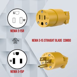 ENERLITES Electrical Replacement Plug & Connector Set, Extension Cord Ends Male and Female, 15 Amp 125 Volt, Straight Blade Plug Grounding Type, NEMA 5-15P & 5-15R, UL Listed, 66202-Y, Yellow, 5 Pack