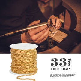33 Feet 18K Gold Plated Stainless Steel Rolo Box Chain Roll, 3.5mm Wide 304 Stainless Steel Square Rolo Link Chains Spool Bulk for Jewelry Making