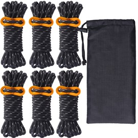 Guy Rope, Paracord, Tent Rope, Guy Line, Tarp Rope, Reflective, Set of 6, 0.2 inches (4 mm) x 16.4 ft (4 mm) x 16.4 ft (4 m) for Camping, Outdoors, Aluminum, Comes with Free Metal Fittings, Storage Bag Included, Load Capacity 55