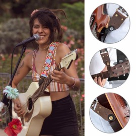 Nefelibata Guitar Strap,Crazy Horse Leather Jacquard Embroidery Cotton Guitar Straps for Bass, Electric & Acoustic, Best Gifts for Guitarists(Retro White Daisy)