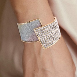 Bohend Rhinestone Pearl Chunky Bracelet Iridescent Cuff Bangle Shiny Crystal Wrist Jewellery for Women, Metal, No gemstone