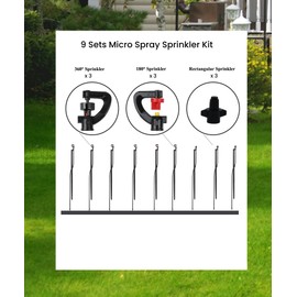 Drip Irrigation Micro Spray Emiters: 180° 360° and Rectangular Sprinkler Nozzles 3 pcs Each, with 1/4-Inch Tubing and Barbed Inlet on 20-Inch High Stake 9 pcs