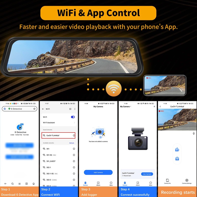3 Channel 9.66'' WiFi Mirror Dash Cam with Front and