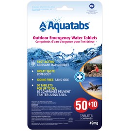 Aquatabs 49mg for 1L Water Treatment Tablets - 50-Pack + 10 Extra for Camping, Hiking and Travel – Iodine & Chlorite-Free, NSF/ANSI/CAN 60