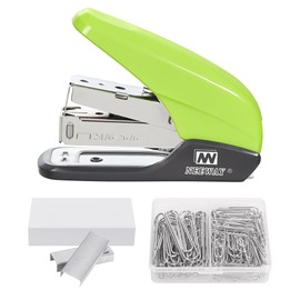 NEEWAY Effortless Small Stapler 20 Sheets Capacity, Jam Free with Built-in Staple Remover, Office Supplies Set with 1000pcs Staples and 100pcs Paper Clips for Desk, Home (Green)