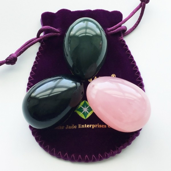 Yoni Eggs Set of 3 Made of 3 Gemstones: Nephrite Jade, Rose Quartz & Obsidian, All Medium Size and Drilled, Comes with User Instructions and Certificates, to Train Pelvic Floor Muscles, by Polar Jade