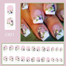 Purple Green Leaf Flower Press on Nails White French Tip Fake Nails Spring Summer White Floral Designs Glue on Nails Glitter Full Cover Acrylic False Nails Reusable Stick on Nails for Women 24 Pcs