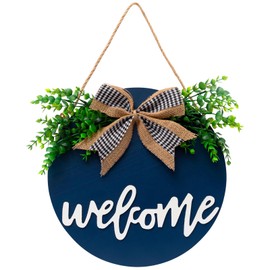 Welcome Sign For Front Door, Welcome Home Decorations Sign,12" Wooden Outdoor Home Signs For Porch, Wreaths For Front Porch Door Farmhouse Wall Hanging Blue Decor, Housewarming Gifts