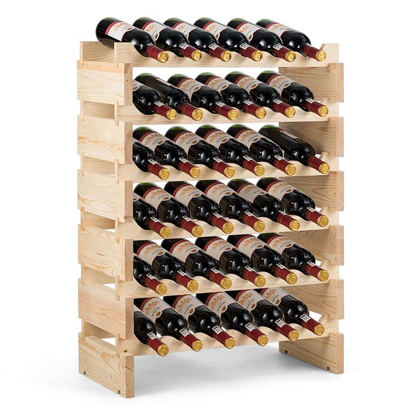 COSTWAY 36/72 Bottles Wine Rack, 6-Tier Stackable Storage Wine Holder Stand, Natural Solid Wood Drink Organizer Display Shelf for Home Kitchen Bar Cellar (36 Bottles, 63x28x85cm)