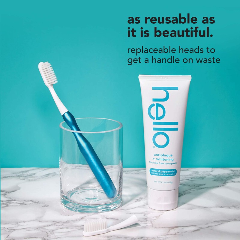 hello Manual Adult Toothbrush With Reusable Blue Modern Aluminum Handle