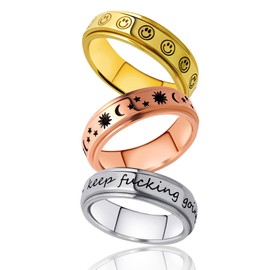 Fidget Anxiety Ring for Women | 3pcs Stainless Steel Spinner Rings Set Spinning Spinny Spin Band Stress Relief Item Ladies Keep Going Moon Stars Anti-Anxiety Jewelry Rose Gold Plated Silver Size 6