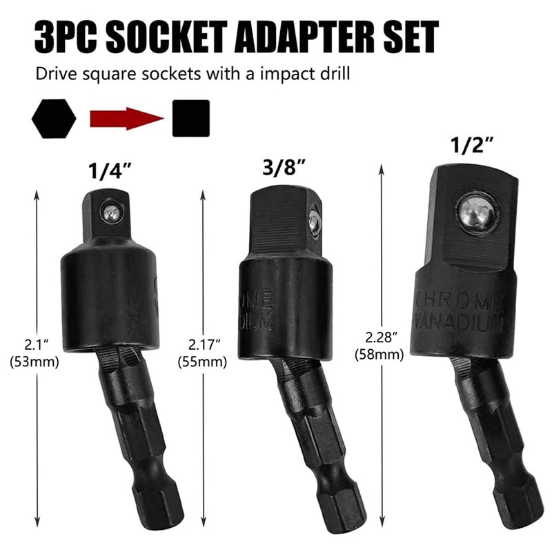 Pyatofyy 3 Pcs Drill Socket Adaptor Set, 1/4", 3/8", 1/2"