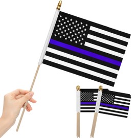 12Pcs 8×12 Inch Thin Blue Line Flags Small Police Flag on Wood Stick Mini Handheld Blue Line Lives Matter Flags Decorations