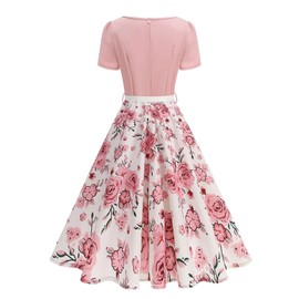 50s Style Dresses for Women Vintage Short Sleeve Square Neck Swing 1950s Midi Dress 50s Pin Up Rockabilly Retro Audrey Hepburn Church Dresses Cocktail Evening Tea Party Dress Pink Floral S