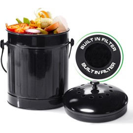 Plexon Black Metal Compost Bin with Airflow Lid and Charcoal Filter, 1.5 Gallon, Compost Pail for Kitchen Countertop