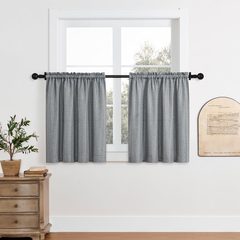 Home Queen Water Resistant Bathroom Window Curtains, Waffle Textured Half