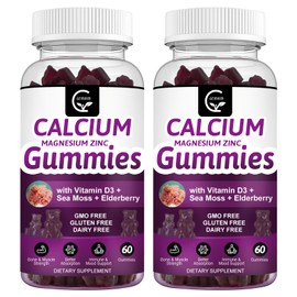 Calcium Magnesium Zinc Gummies with High Absorption Magnesium Glycinate 300mg, Potassium - Plant Complex Calcium Magnesium 2:1 Ratio, with D3 Sea Moss for Bone, Immune & Sleep Support, Vegan-2 Pack