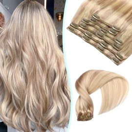 VINBAO Clip-In Real Hair Extensions Blonde Clip-In Remy Hair Extensions Real Hair Ash Blonde with Bleach Blonde Silky Straight Real Hair Salon Quality 14 Inches 100 g 6 Pieces (#18P613.35 cm)