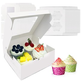 MUMULULU - 14 cajas de papel blanco para cupcakes con 4 cajas de regalo de galletas con ventana transparente, 4 soportes para cupcakes, pastelería, para fiestas de cumpleaños, suministros de panadería