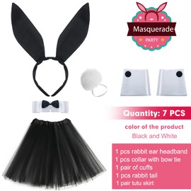 SATINIOR Women's Bunny Costume Set Rabbit Ear Headband Collar Bowtie Cuffs Rabbit Tail Tutu Skirt for Easter Party(Black)