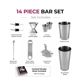 FineDine Expert Cocktail Shaker Home Bar Set - 14 Piece Stainless Steel Bar Kit