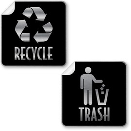 Recycle and Trash Stickers for Trash Cans – premium Vinyl Black Stainless Steel Recycling Bin Labels – 2 Pack - 4.1" by 4.1" Decals Logo - Waste Signs for Home Kitchen or Office Bins Indoor/Outdoor