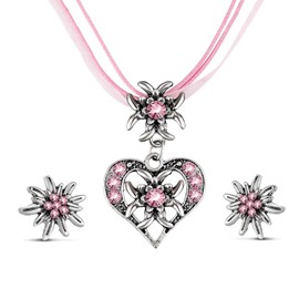 jatimdotin A Jewellery Set, Heart Necklace and Earrings, Costume Jewellery Set Bavarian Dirndl Jewellery Rhinestone Edelweiss Heart Pendant and Edelweiss Stud Earrings, Jewellery Set for Ethnic