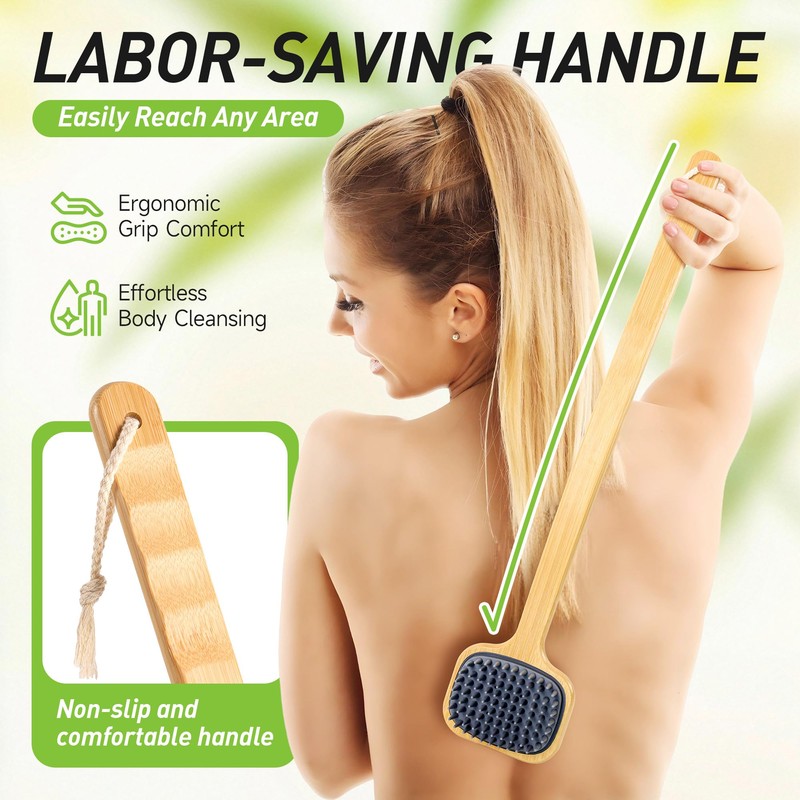 Bath Brush with Long Bamboo Handle, Soft Bristles (21.65 inch)