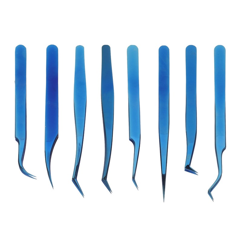8pcs Eyelash Tweezers Stainless Steel Fine Tip Ergonomic Blue Titanium
