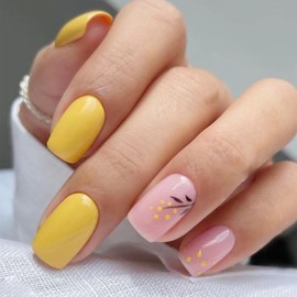 Press on Nails Medium Square Fake Nails with Dot Designs Leaf Glue on Nails Yellow Full Cover Nails Press ons Pink Acrylic False Nails Glossy Artificial Stick on Nails for Women 24Pcs