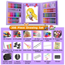 208 PCS Art Supplies,Drawing Art Kit Painting Art Set for Kids Girls Boys Artist, Gift Box with Trifold Easel, Includes Pastels, Crayons, Colored Pencils, Coloring Book, Scissors, Origami Paper 40 Sh.