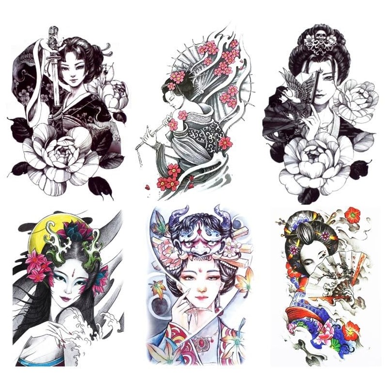 6 Sheets Temporary Geisha Tattoo Japanese Woman Tattoo Fake Tattoo