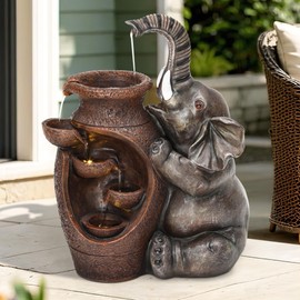 Autodaya 18.9" H Elephant Outdoor Water Fountain with LED Lights and Pump, Exquisitely Crafted Garden Fountain Waterfall for Patio, Porch, or Yard