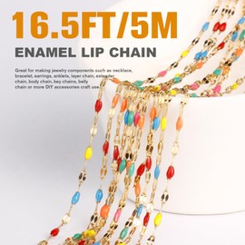 16.5FT 18K Gold PVD Plated Colorful Enamel Chain Roll, 2MM Rainbow Stainless Steel Enamel Lip Link Chains Spool Bulk for DIY Jewelry Making Necklace Bracelet