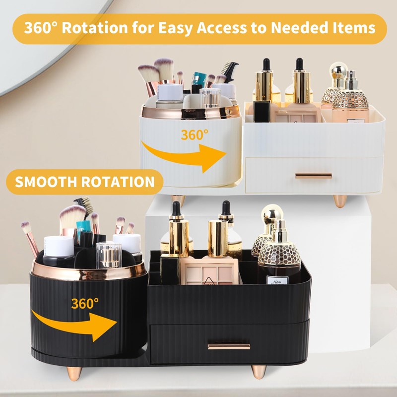 Growsun Makeup Organizer Countertop with Drawers 360 Rotating Makeup Brush