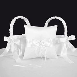 Lebsitey 2 Flower Girl Baskets and Ring Bearer Pillow Set, White Satin Bowknot Flower Baskets Pearl Collection Flower Girl Baskets and Ring Pillow for Weddings