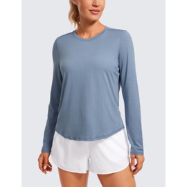 CRZ YOGA Lightweight Long Sleeve Workout Shirts for Women Gym Running Fall Tshirts High Neck Athletic Training Tops Slate Blue Large