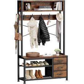 Lulive Hall Tree with Bench and Shoe Storage, 31.5" Coat Rack Freestanding with 2-Tier Storage Shelf, 6-in-1 Entryway Bench Coat Rack with 12 Hooks and 3 Drawers(Rustic Brown)